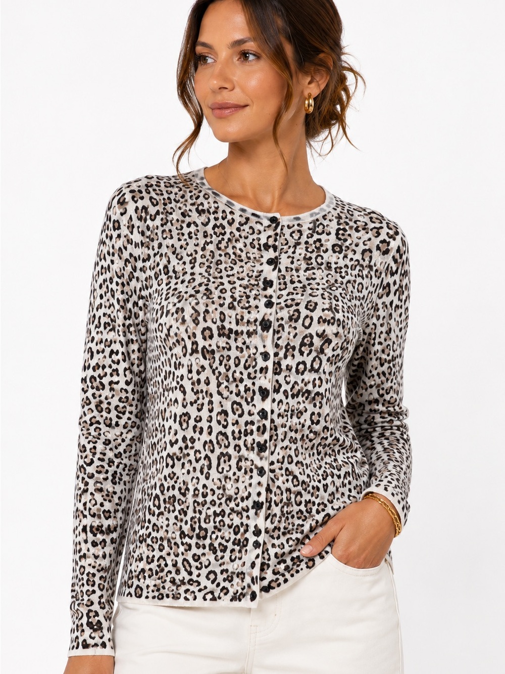 LOFT Leopard-Print Button-Front Long Sleeve Cardigan